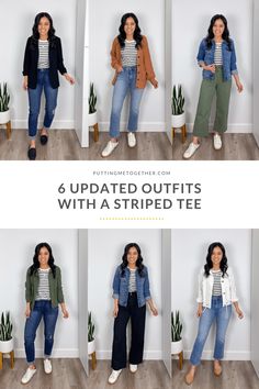 I'm sharing 6 updated outfits with a striped tee to help your outfit look more stylish with the same amount of effort! Striped Tee And Jeans Outfit, Stripped Tee Outfits, Jeans Striped Shirt Outfit, Casual Striped Jeans For Fall, Trendy Striped T-shirt With Relaxed Fit, Stripe Tee Outfit, Outfits With Striped Shirts, Capsule Wardrobe Casual, Timeless Outfits