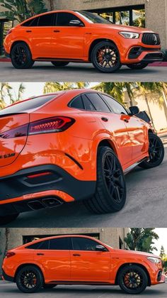 an orange car parked in front of a building with two different angles to show it's rear end