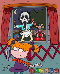 a cartoon girl with a creepy skeleton on her head is standing in front of an open window