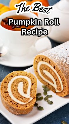 the best pumpkin roll recipe on a plate with oranges and tea in the background