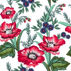 red and blue flowers with green leaves on a white background seamless wallpaper pattern