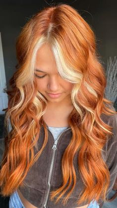 Blonde Balayage For Red Hair, Orange Copper Hair Color With Blonde, Hair Color Idea For Red Heads, Blonde In Front Red In Back, Red Hair Yellow Highlights, Burnt Orange With Blonde Highlights, Copper Hair With Fun Colors, Red Orange Hair With Blonde Money Piece, Ginger With Platinum Highlights