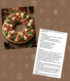 a pizza with tomatoes and mozzarella on it next to a recipe for christmas