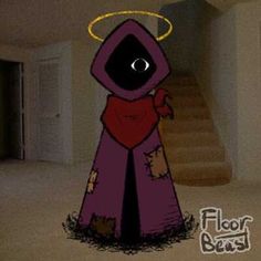 a cartoon character with an angel halo on his head and purple cloak over his shoulders