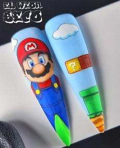 Mario Bros Nails Art Designs, Mario Nail Designs, Bee Nails, Cartoon Nails, Nail Tutorial Videos, Wow Nails, Nail Design Inspiration, Nail Art Designs Diy, Nail Tutorials