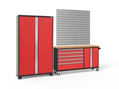 a red tool cabinet next to a black and white cart with drawers on wheels,