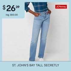 Meet your new go-to pair of jeans from St. John's Bay women's tall collection. Cut for a mid-rise from soft stretch-cotton denim with recycled fabric, and they have a classic button-zip fly, 5-pocket styling with straight legs that lay over sneakers or heels effortlessly.Features: Fly Front, Stretch FabricClosure Type: Button & ZipperConcerns: Tummy SolutionsPockets: 1 Front Coin Pocket, 2 Front Slip Pockets, 2 Back Slip PocketsRise: Mid RiseFiber Content: 78% Cotton, 20% Repreve Recycled Polye… Tall Jeans, Recycled Fabric, Jeans Straight Leg, Jeans Straight, Stretch Cotton, Straight Leg Jeans, Stretch Fabric, Mid Rise, Straight Leg