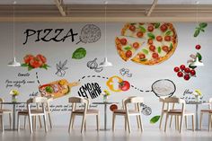 a wall mural in a restaurant with pizzas and ingredients