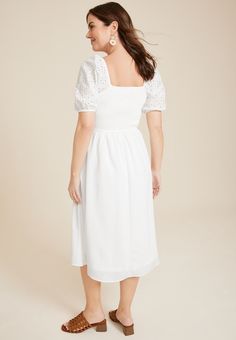 Eyelet Puff Sleeve Midi Dress - Materials & Care:imported - bodice: 100% cotton;skirt: 100% polyester - machine wash Fitted Cotton Puff Sleeve Midi Dress, Feminine Cotton Puff Sleeve Dress With Smocked Bodice, Spring Cotton Puff Sleeve Dress With Ruched Details, Spring Cotton Puff Sleeve Ruched Dress, Spring Ruched Cotton Puff Sleeve Dress, Spring Ruched Puff Sleeve Cotton Dress, Cotton Puff Sleeve Ruched Dress For Day Out, Cotton Puff Sleeve Dress With Smocked Back For Daywear, Cotton Puff Sleeve Dress With Smocked Bodice For Brunch