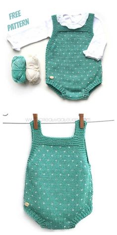 two baby onesuits, one is green and the other has white dots on it