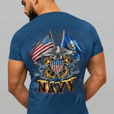 Navy Double Flag T-Shirt – Military Republic Patriotic Pre-shrunk Fan Merchandise T-shirt, Patriotic Letter Print T-shirt For Father's Day, Patriotic Father's Day T-shirt With Letter Print, Patriotic Father's Day Letter Print T-shirt, Patriotic Short Sleeve T-shirt With Custom Print, Patriotic Pre-shrunk T-shirt For Father's Day, Father's Day Patriotic Crew Neck T-shirt, Proud American, Navy Military