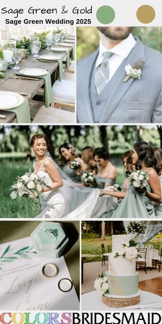 a collage of photos with green and gold wedding colors in the same color scheme