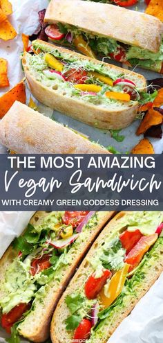 the most amazing vegan sandwich with creamy green goddess dressing is ready to be eaten