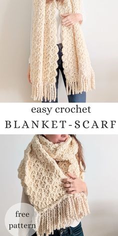 two pictures showing how to crochet an easy shawl scarf