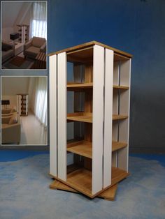 a bookcase made out of wood and white painted panels, with pictures of the room in the background