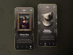 two cell phones with pictures on them and one showing the famous paintings in gold frames