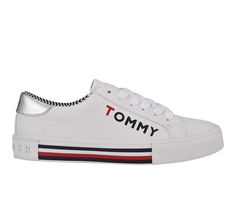 Synthetic upper, Secure lace-up closure, Cushioned insole, Durable outsole, Breathable shoe lining, Padded collar and tongue for added comfort, Tommy Hilfiger branding details | Women's Tommy Hilfiger Kery Sneakers in White Size 7.5 Spring Logo Lace-up Sneakers, Spring Lace-up Sneakers With Logo, Tommy Hilfiger Lace-up Sneakers With Embossed Logo, Casual Lace-up Sneakers With Logo, Casual Logo Sneakers For Spring, White Sneakers With Embossed Logo For Spring, Spring White Sneakers With Embossed Logo, Tommy Hilfiger Cushioned Sneakers In Synthetic Material, Tommy Hilfiger Sneakers With Cushioned Footbed