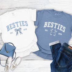 🏷️ 💲Buy any THREE items from our shop and receive 30% off your purchase! Discount automatically applied at checkout. ️🎀 Celebrate friendship in style with our Personalized Besties Comfort Colors® Shirt, perfect for a girls' trip or everyday wear! This trendy Coquette-inspired tee features a delicate blue toile bow design, customizable with you and your besties' names. Made from soft, premium fabric, it's the ultimate matching gift for BFFs to show off their bond. Whether you're hitting the to Matching Bestie Shirts, Name Best Friend, Bff Tshirts, Coquette Blue, Friend Shirt, Blue Toile, Matching Tees, Comfort Colors Shirt, Matching Gifts