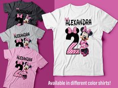 three shirts with minnie mouse on them and the number two in pink, grey, and black