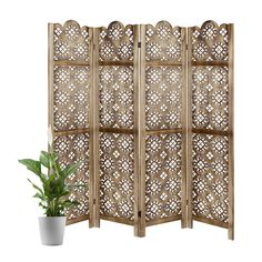 a wooden room divider next to a potted plant on a white background,