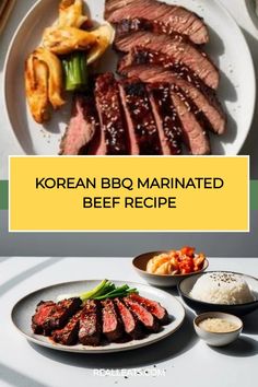 Korean BBQ marinated beef slices with vegetables, rice, and sauces on plates. Korean Bbq Beef, Korean Bbq Grill, Red Chili Paste, Korean Chili Paste, Marinated Beef, Bbq Beef, Beef Recipe, Korean Bbq