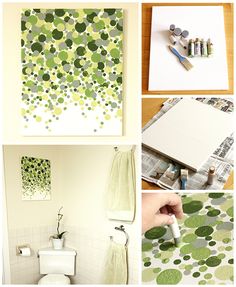 four pictures with green and white designs on them, including a toilet, wall hangings, paper towels, and other items