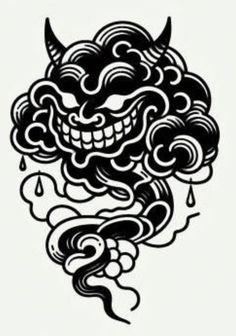 a black and white drawing of a demon head with clouds in the sky above it