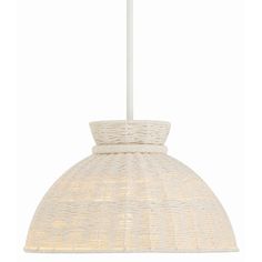 a white light hanging from a ceiling fixture with wicker shades on the top and bottom