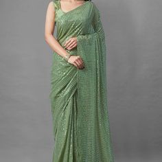 Buy Pista Green Embroidered With Embellished Georgette Pant Suit Set Online - KARMAPLACE – Karmaplace Sequins Saree, Sequence Saree, Designer Sarees Wedding, Sequin Saree, Saree Designs Party Wear, Green Saree, Embroidery Saree, Green Sequins, Georgette Fabric