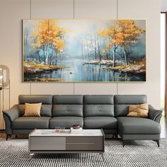 a living room filled with furniture and a large painting on the wall above it's couch