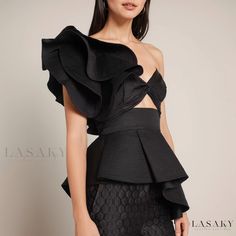 Lasaky - Seductive Off-Shoulder Ruffle Edge Irregular Hem Blouse Top Ruffles Top, Ruffle Hem Blouse, Lantern Sleeve Top, Ruffled Tunic, High Waisted Maxi Skirt, Poplin Top, Hem Blouse, Clothing Stores, Asymmetrical Tops