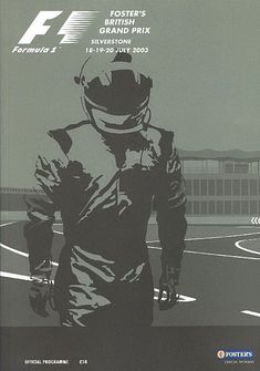 an advertisement for the british grand prix featuring a man in a racing suit and helmet