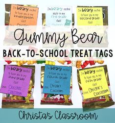 the back - to - school treat tags are made with gummy bears and candy