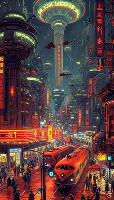 a painting of a futuristic city at night