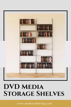 the dvd media storage shelves are organized with dvds