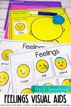 feelings visual aid cards with the words feelings and feelings on them, along with an image of