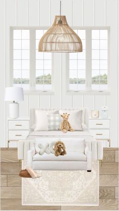 a teddy bear sitting on top of a bed in a room with white walls and wooden floors