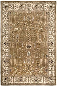 a rug with an intricate design on the front and back side, in beige tones