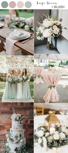 wedding color palettes for the bride and groom in mint green, pink, white and gold