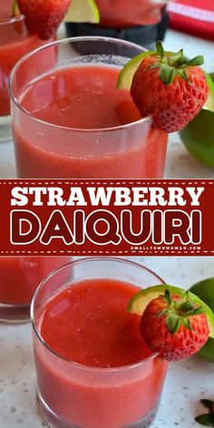 two glasses filled with strawberry daiquat and garnished with an avocado