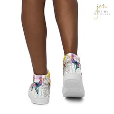 Stand out & make a statement with these Women’s High Top Canvas Shoes 🔥 WHY YOU’LL LOVE IT: ✓ 100% polyester canvas upper side ✓ Ethylene-vinyl acetate (EVA) rubber outsole ✓ Breathable lining, soft insole ✓ Faux leather top cap ✓ Padded collar, lace-up front ✓ Printed, cut, and handmade to order Made from premium materials, these durable and breathable Women’s High Top Canvas Shoes are stylish and the ideal piece for completing an outfit. Art & Design Copyright ©2024 Art By Jen Duran, All righ Summer High-top Synthetic Canvas Shoes, Summer Synthetic High-top Canvas Shoes, High-top Synthetic Canvas Shoes For Summer, High-top Synthetic Canvas Shoes For Spring, Spring High-top Sneakers With Speckled Midsole And White Sole, Custom Sneakers For Spring Streetwear, White High-top Sneakers For Spring, White Textile High-top Sneakers For Spring, Spring High-top Custom Sneakers For Sports