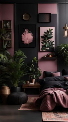 a bedroom with pink and black walls, potted plants and pictures on the wall