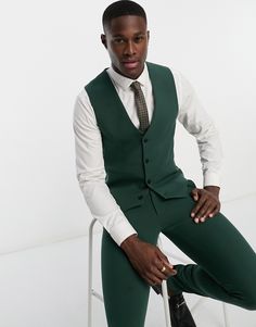 Suit jacket by ASOS DESIGN For office, or out of office V-neck Button placket Contrast back with an adjustable cinch Super-skinny fit Mens Vest Suit Outfit, Forest Green Vest Outfit Men, Fitted Green Blazer For Workwear, Classic Dark Green Suit For Workwear, Fitted Green Suit For Office, Fitted Green Blazer For Office, Tailored Dark Green Blazer For Business, Tailored Dark Green Blazer For Work, Green Slim Fit Blazer With Notch Lapel