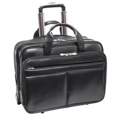 a black briefcase with wheels and handles