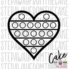 a heart shaped cake with polka dots on it and the word cake in black ink