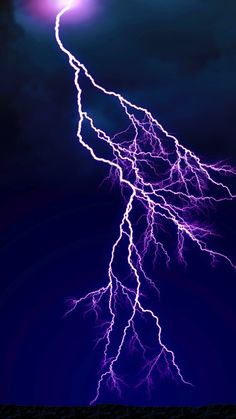 a lightning strike is shown in the dark blue night sky with clouds and bright lightening