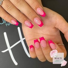 Hot Pink French Tips Square, Hot Pink Nail Tips, Nails With Colored Tips, Nails Colored Tips, Pink Concert Nails, Bright Pink French Tip Nails, Hot Pink And White Nails, French Tip Pink Nails, Dark Pink Nail Polish