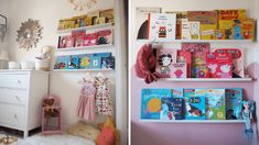 two shelves with books on them in a child's room, one is white and the other is pink