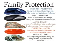 The family protection crystals set includes 5 of the most powerful family protection crystals. This set includes: * 5 crystals - Amethyst, black onyx, jasper, carnelian and agate. * Guidance card with information about the crystals like the one in the title photo of the listing. * Sturdy velvet bag for your stones. * Everything is packed in an elegant box with a ribbon ready to be given as a gift. * Stones size 0,75''- 1'' or 2 - 2,5 cm. * How to use your crystals * You can keep your crystals wh Crystals And Stones For Protection, Black Magic Protection Crystals, Healing Stones And Crystals Meanings, Crystal Pairings, Crystals Protection, Crystal Combinations, Family Protection, Best Healing Crystals, Crystal Healing Chart