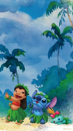 the cartoon character pooh and stitch is standing next to each other in front of some palm trees